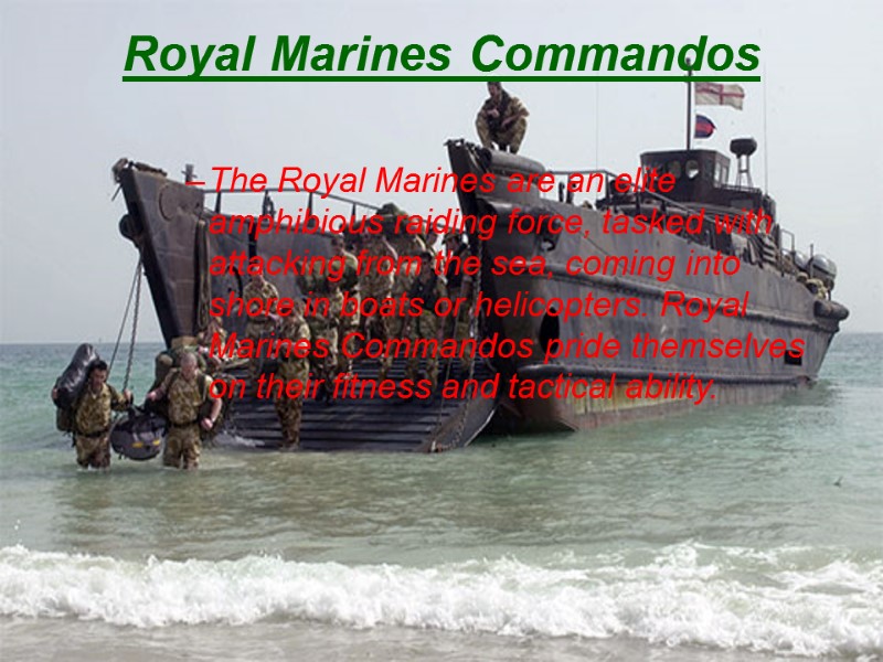 Royal Marines Commandos  The Royal Marines are an elite amphibious raiding force, tasked